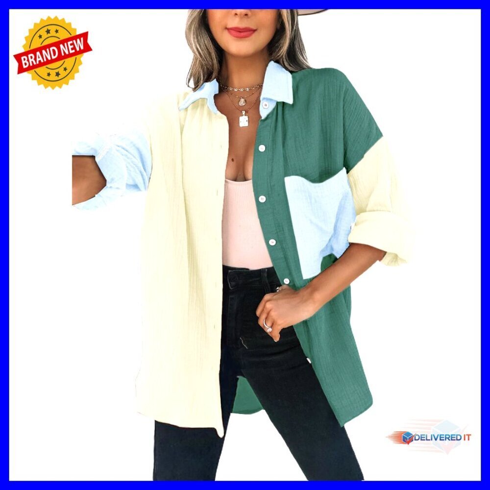 Oversized Boyfriend Button Down Blouse Long Sleeve Color Block Chic Minimal
